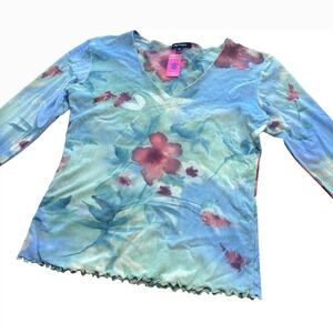 Y2K Therapy Mesh Floral Top V-Neck Sheer Long Sleeve Lettuce Hem Blue Green S/M